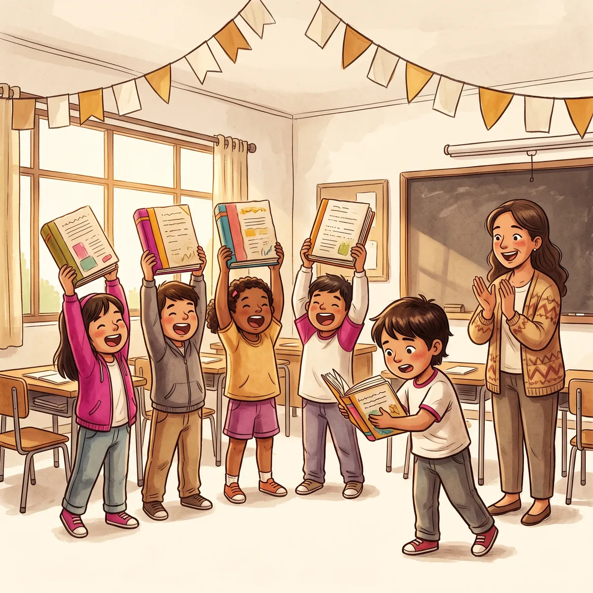 Ilustración: los niños levantan sus libros terminados mientras su profesora aplaude, en la Ceremonia de Autores.