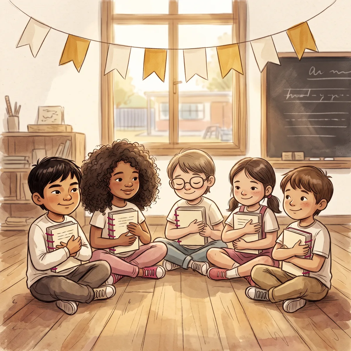 Ilustración: cinco niños sentados en el suelo de su sala, cada uno abrazando el libro artesanal que acaban de encuadernar.