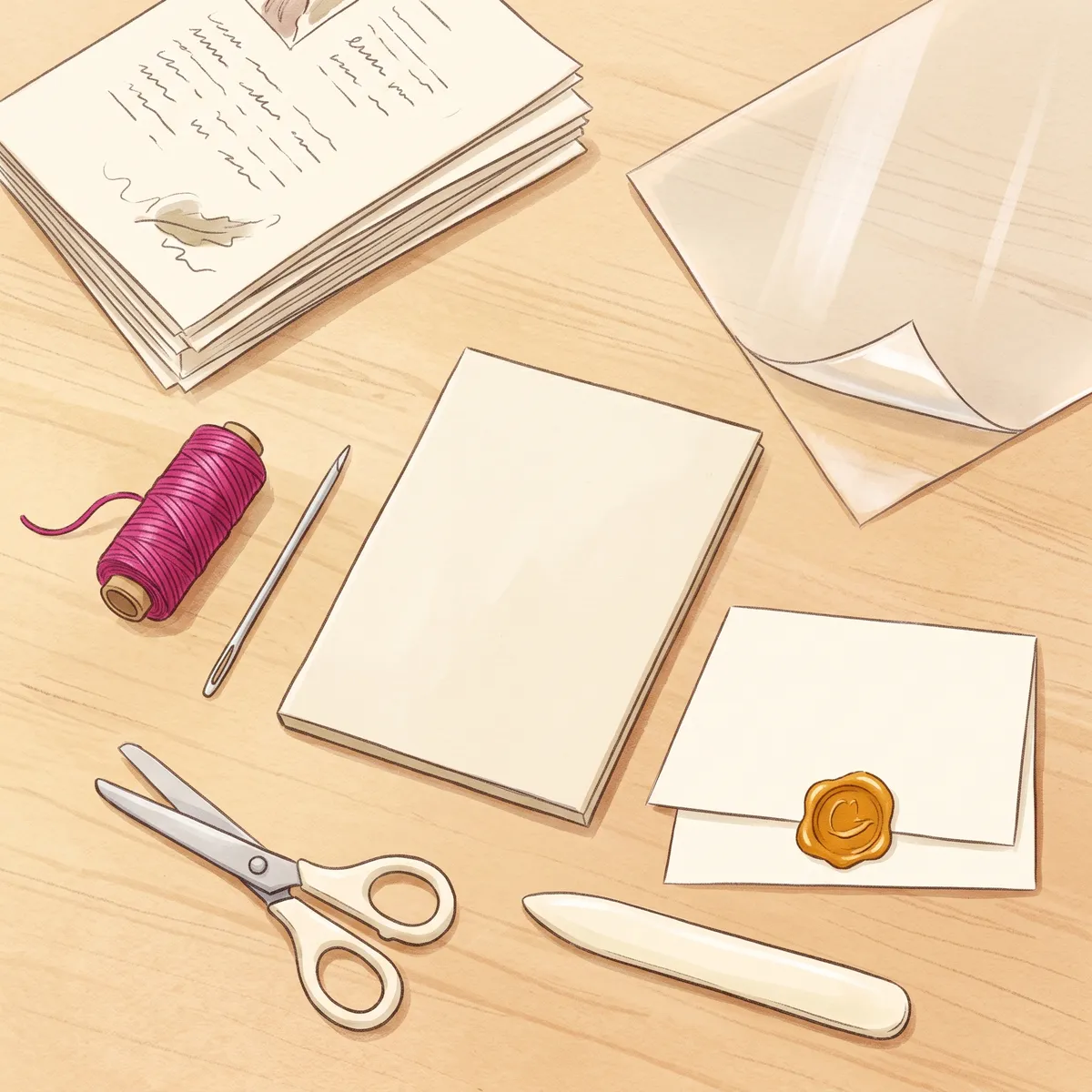 Ilustración: el Kit de Autor y Editor desplegado sobre una mesa — pliegos impresos, hilo encerado, aguja, tapa, laminado en frío, tijeras y plegador.