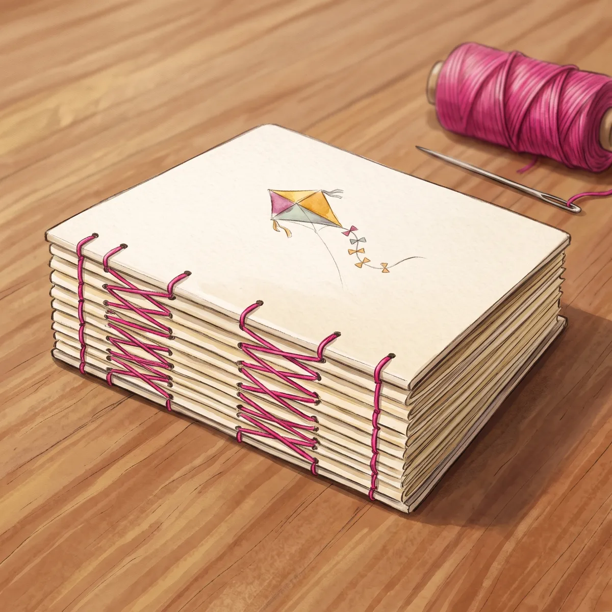 Ilustración: el libro terminado sobre la mesa, con la costura de hilo fucsia expuesta a lo largo del lomo y un volantín en la portada.