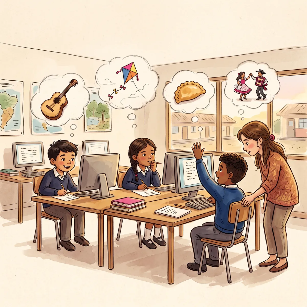 Ilustración: estudiantes en la sala de computación escribiendo sus payas, imaginando guitarrones, volantines, empanadas y cueca.