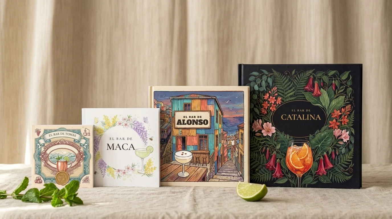 Cuatro recetarios El bar de… sobre una tela de lino, de menor a mayor: El bar de Tomás, de Maca, de Alonso y de Catalina