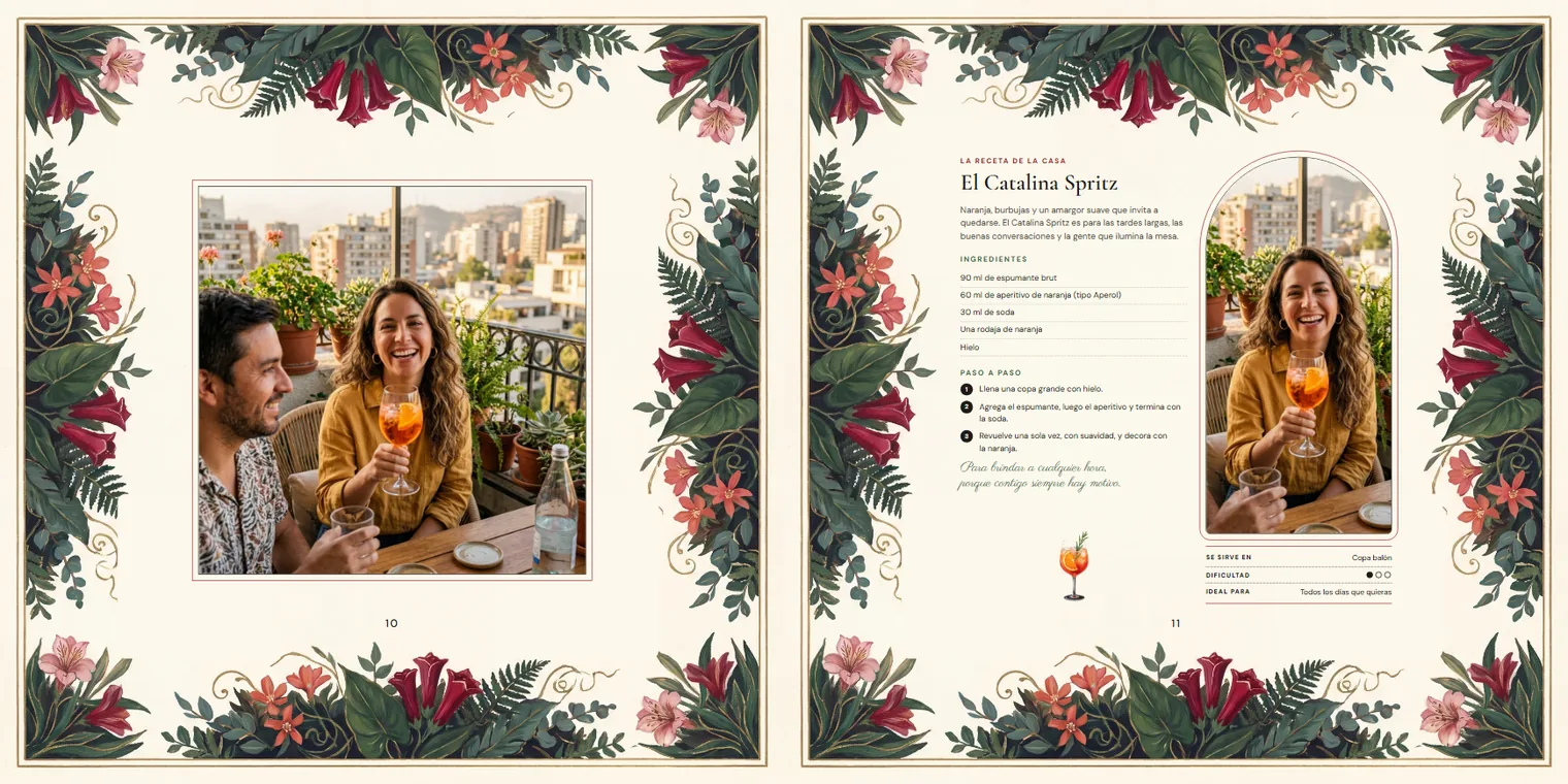 Pliego del libro en estilo floral: foto de Catalina brindando con un spritz y la receta de «El Catalina Spritz»