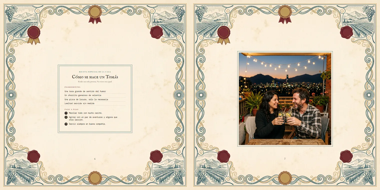 Pliego del libro en estilo etiqueta de pisco: la receta «Cómo se hace un Tomás» y una foto de una pareja brindando en una terraza