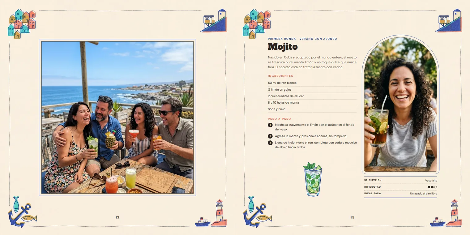 Pliego del libro en estilo Valparaíso: foto de amigos frente al mar y la receta del mojito con la foto de una mujer brindando