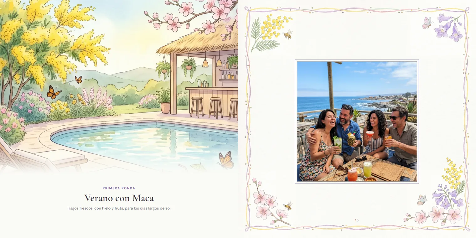 Pliego del libro en estilo primaveral: portada de la ronda «Verano con Maca» y una foto de amigos brindando frente al mar