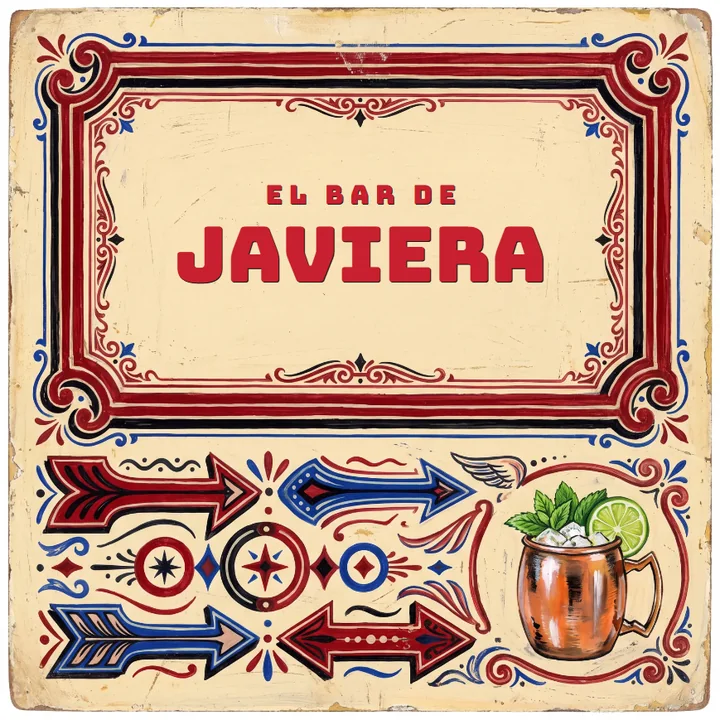 Tapa estilo letrero de micro: «El bar de Javiera» con flechas fileteadas y un mule