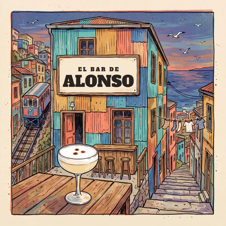 Tapa estilo Valparaíso: «El bar de Alonso» pintado en una casa de cerro, con un pisco sour