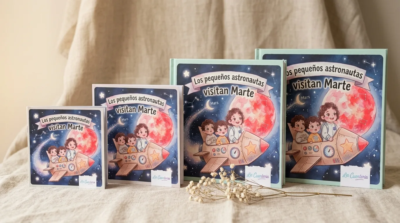 Los cuatro tamaños del cuento personalizado sobre una tela de lino, de 14 a 28 centímetros, junto a una ramita de flores secas