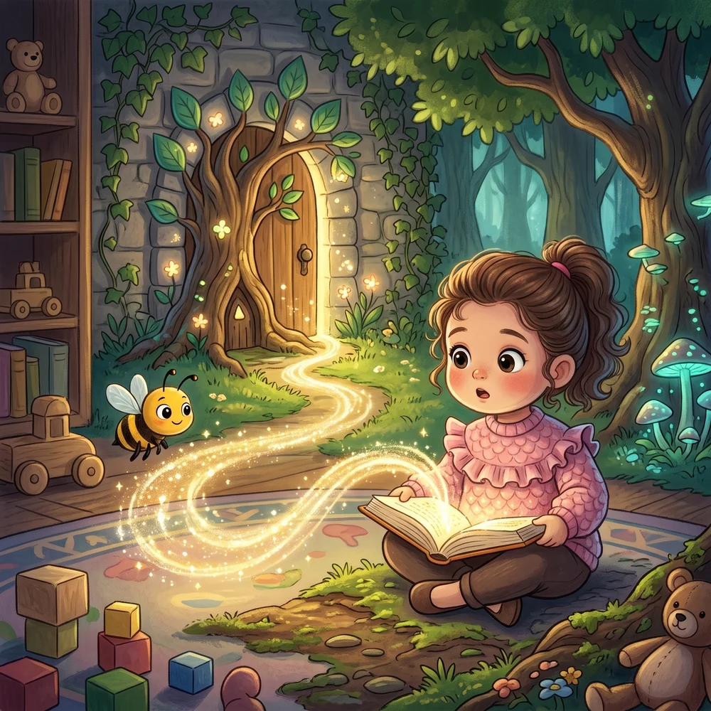 Personaje de muestra con un libro, una abeja y una puerta mágica, en estilo clásico